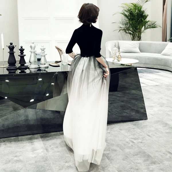 Chic / Belle Noire Daim Robe De Soirée 2019 Princesse Col v profond 1/2 Manches Ceinture Longue Volants Robe De Ceremonie