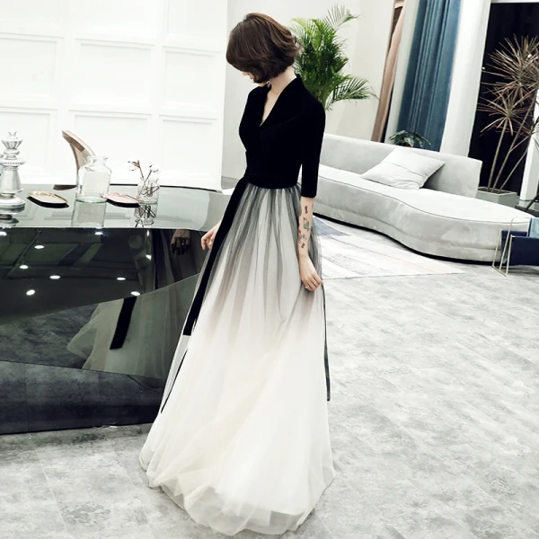 Chic / Belle Noire Daim Robe De Soirée 2019 Princesse Col v profond 1/2 Manches Ceinture Longue Volants Robe De Ceremonie
