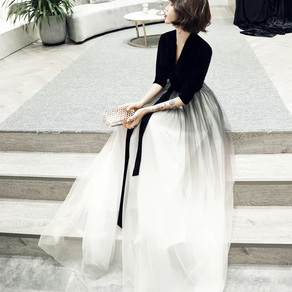 Chic / Belle Noire Daim Robe De Soirée 2019 Princesse Col v profond 1/2 Manches Ceinture Longue Volants Robe De Ceremonie