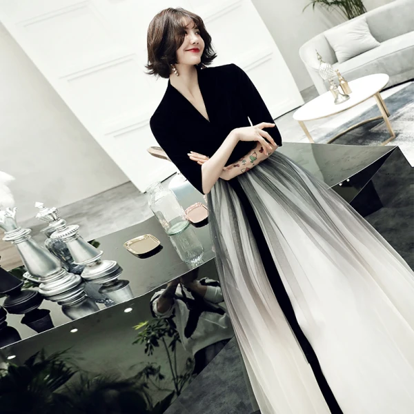 Chic / Belle Noire Daim Robe De Soirée 2019 Princesse Col v profond 1/2 Manches Ceinture Longue Volants Robe De Ceremonie