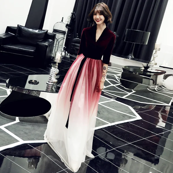 Chic / Belle Noire Daim Robe De Soirée 2019 Princesse Col v profond 1/2 Manches Ceinture Longue Volants Robe De Ceremonie