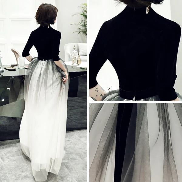 Chic / Belle Noire Daim Robe De Soirée 2019 Princesse Col v profond 1/2 Manches Ceinture Longue Volants Robe De Ceremonie