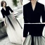 Chic / Belle Noire Daim Robe De Soirée 2019 Princesse Col v profond 1/2 Manches Ceinture Longue Volants Robe De Ceremonie