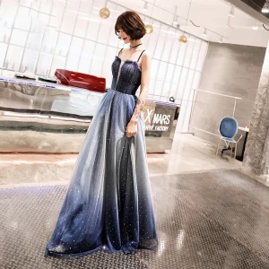 Chic Beautiful Royal Blue Evening Dresses 2019 A Line Princess Spaghetti Straps Sleeveless Rhinestone Sash Glitter Tulle Floor Length Long Ruffle Backless Formal Dresses
