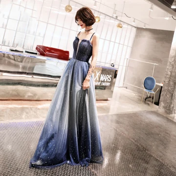 Chic Beautiful Royal Blue Evening Dresses 2019 A Line Princess Spaghetti Straps Sleeveless Rhinestone Sash Glitter Tulle Floor Length Long Ruffle Backless Formal Dresses