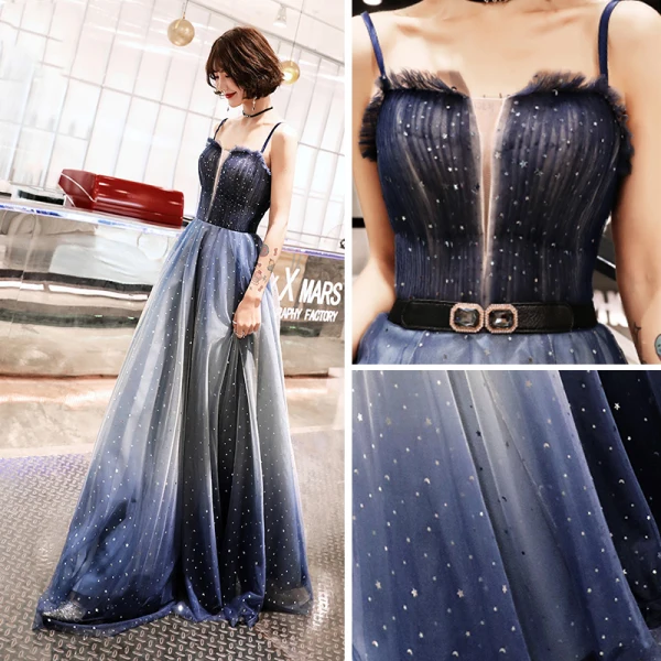 Chic / Beautiful Royal Blue Evening Dresses  2019 A-Line / Princess Spaghetti Straps Sleeveless Rhinestone Sash Glitter Tulle Floor-Length / Long Ruffle Backless Formal Dresses