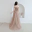 Illusion Champagner Abendkleider 2019 A Linie Off Shoulder 1/2 Ärmel Applikationen Spitze Perlenstickerei Sweep / Pinsel Zug Rüschen Rückenfreies Festliche Kleider