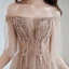 Illusion Champagner Abendkleider 2019 A Linie Off Shoulder 1/2 Ärmel Applikationen Spitze Perlenstickerei Sweep / Pinsel Zug Rüschen Rückenfreies Festliche Kleider