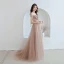 Illusion Champagner Abendkleider 2019 A Linie Off Shoulder 1/2 Ärmel Applikationen Spitze Perlenstickerei Sweep / Pinsel Zug Rüschen Rückenfreies Festliche Kleider