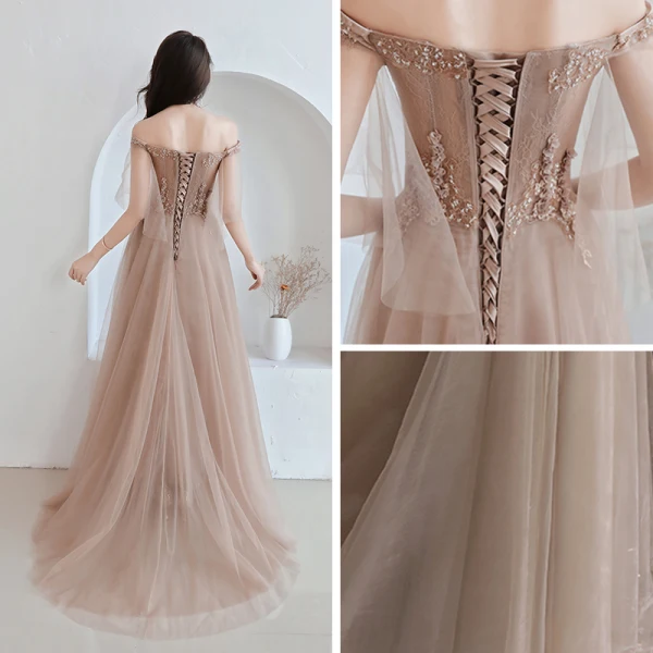 Illusion Champagner Abendkleider 2019 A Linie Off Shoulder 1/2 Ärmel Applikationen Spitze Perlenstickerei Sweep / Pinsel Zug Rüschen Rückenfreies Festliche Kleider