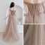Illusion Champagner Abendkleider 2019 A Linie Off Shoulder 1/2 Ärmel Applikationen Spitze Perlenstickerei Sweep / Pinsel Zug Rüschen Rückenfreies Festliche Kleider