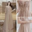 Illusion Champagner Abendkleider 2019 A Linie Off Shoulder 1/2 Ärmel Applikationen Spitze Perlenstickerei Sweep / Pinsel Zug Rüschen Rückenfreies Festliche Kleider