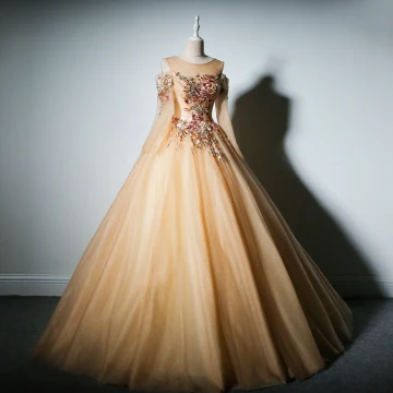 Chic Beautiful Champagne Prom Dresses 2019 A Line Princess Scoop Neck Long Sleeve Embroidered Flower Pearl Floor Length Long Backless Formal Dresses