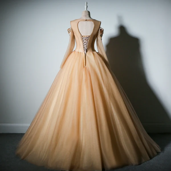 Chic / Beautiful Champagne Prom Dresses 2019 A-Line / Princess Scoop Neck Long Sleeve Embroidered Flower Pearl Floor-Length / Long Backless Formal Dresses
