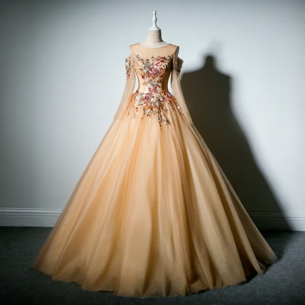Chic / Beautiful Champagne Prom Dresses 2019 A-Line / Princess Scoop Neck Long Sleeve Embroidered Flower Pearl Floor-Length / Long Backless Formal Dresses