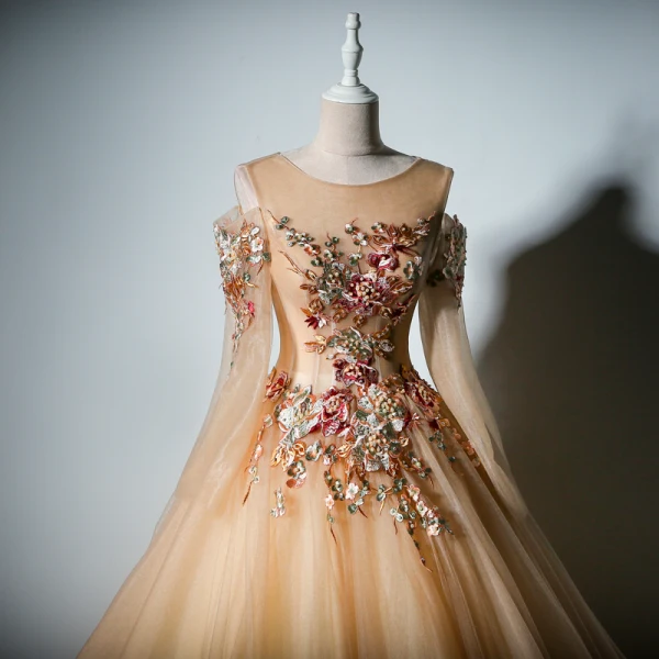 Chic / Beautiful Champagne Prom Dresses 2019 A-Line / Princess Scoop Neck Long Sleeve Embroidered Flower Pearl Floor-Length / Long Backless Formal Dresses