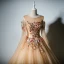 Chic / Beautiful Champagne Prom Dresses 2019 A-Line / Princess Scoop Neck Long Sleeve Embroidered Flower Pearl Floor-Length / Long Backless Formal Dresses
