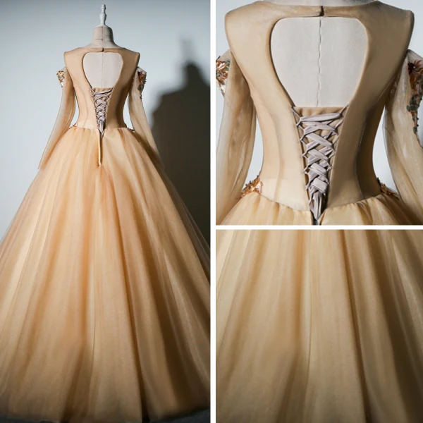 Chic / Beautiful Champagne Prom Dresses 2019 A-Line / Princess Scoop Neck Long Sleeve Embroidered Flower Pearl Floor-Length / Long Backless Formal Dresses