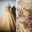 Chic / Beautiful Champagne Prom Dresses 2019 A-Line / Princess Scoop Neck Long Sleeve Embroidered Flower Pearl Floor-Length / Long Backless Formal Dresses