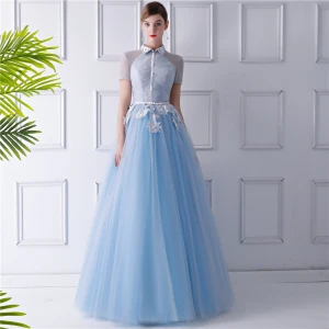 Vintage Originale Bleu Ciel Transparentes Robe De Soirée 2019 Princesse Col Haut Manches Courtes Appliques En Dentelle Perlage Ceinture Longue Volants Dos Nu Robe De Ceremonie