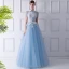 Vintage / Originale Bleu Ciel Transparentes Robe De Soirée 2019 Princesse Col Haut Manches Courtes Appliques En Dentelle Perlage Ceinture Longue Volants Dos Nu Robe De Ceremonie
