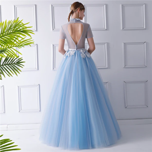 Vintage / Originale Bleu Ciel Transparentes Robe De Soirée 2019 Princesse Col Haut Manches Courtes Appliques En Dentelle Perlage Ceinture Longue Volants Dos Nu Robe De Ceremonie