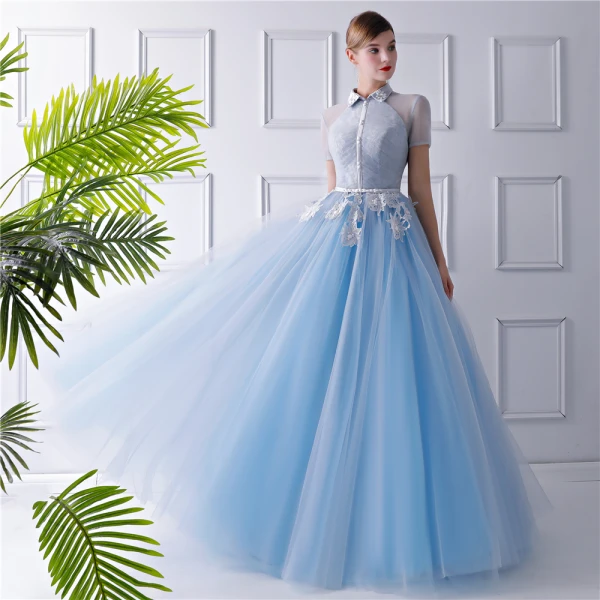 Vintage / Originale Bleu Ciel Transparentes Robe De Soirée 2019 Princesse Col Haut Manches Courtes Appliques En Dentelle Perlage Ceinture Longue Volants Dos Nu Robe De Ceremonie