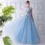 Vintage / Originale Bleu Ciel Transparentes Robe De Soirée 2019 Princesse Col Haut Manches Courtes Appliques En Dentelle Perlage Ceinture Longue Volants Dos Nu Robe De Ceremonie
