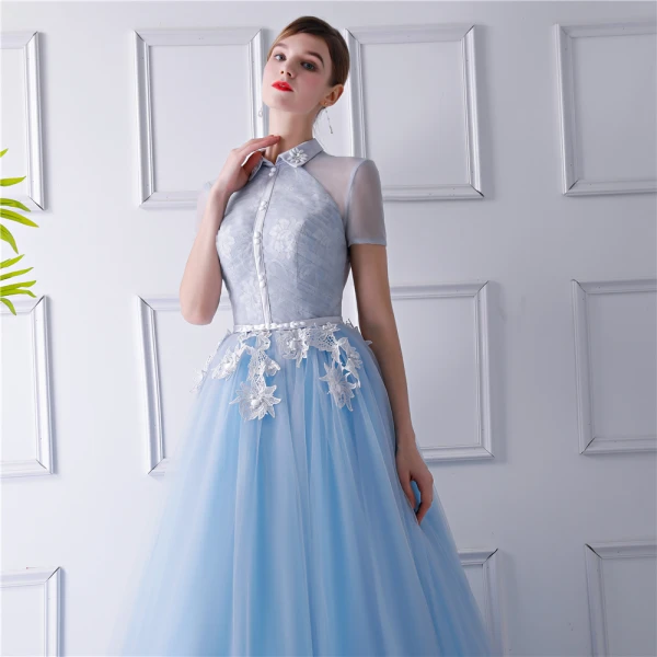 Vintage / Originale Bleu Ciel Transparentes Robe De Soirée 2019 Princesse Col Haut Manches Courtes Appliques En Dentelle Perlage Ceinture Longue Volants Dos Nu Robe De Ceremonie