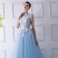 Vintage / Originale Bleu Ciel Transparentes Robe De Soirée 2019 Princesse Col Haut Manches Courtes Appliques En Dentelle Perlage Ceinture Longue Volants Dos Nu Robe De Ceremonie