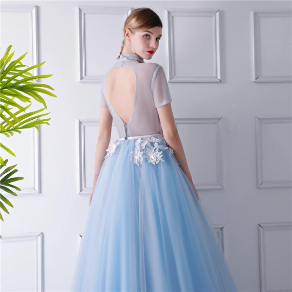 Vintage / Originale Bleu Ciel Transparentes Robe De Soirée 2019 Princesse Col Haut Manches Courtes Appliques En Dentelle Perlage Ceinture Longue Volants Dos Nu Robe De Ceremonie