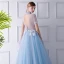 Vintage / Originale Bleu Ciel Transparentes Robe De Soirée 2019 Princesse Col Haut Manches Courtes Appliques En Dentelle Perlage Ceinture Longue Volants Dos Nu Robe De Ceremonie