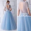 Vintage / Originale Bleu Ciel Transparentes Robe De Soirée 2019 Princesse Col Haut Manches Courtes Appliques En Dentelle Perlage Ceinture Longue Volants Dos Nu Robe De Ceremonie