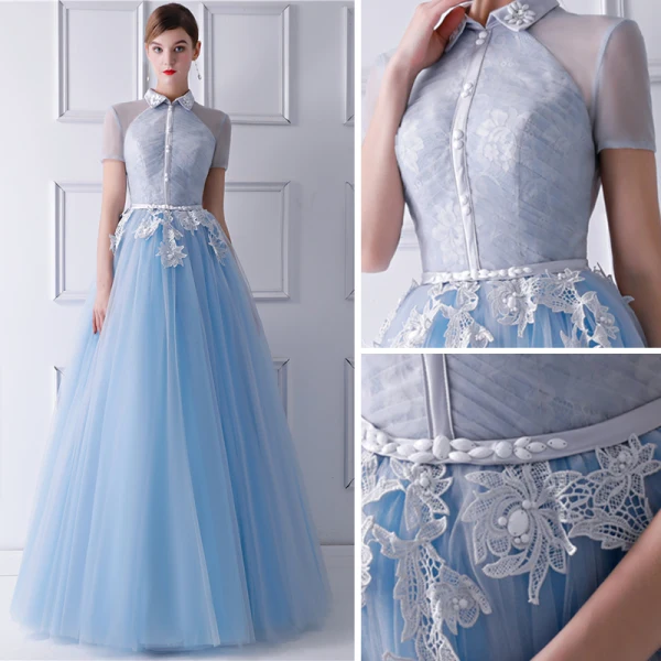 Vintage / Originale Bleu Ciel Transparentes Robe De Soirée 2019 Princesse Col Haut Manches Courtes Appliques En Dentelle Perlage Ceinture Longue Volants Dos Nu Robe De Ceremonie