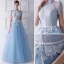 Vintage / Originale Bleu Ciel Transparentes Robe De Soirée 2019 Princesse Col Haut Manches Courtes Appliques En Dentelle Perlage Ceinture Longue Volants Dos Nu Robe De Ceremonie