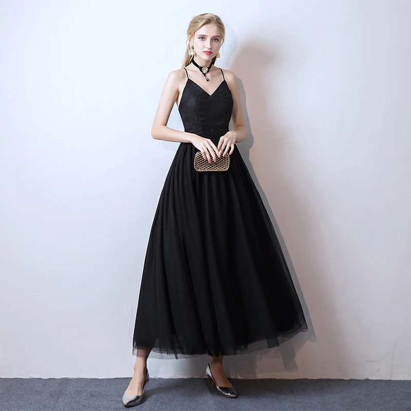 Affordable Black Prom Dresses 2019 A Line Princess Spaghetti Straps  Sleeveless Ankle Length Ruffle Backless Formal Dresses