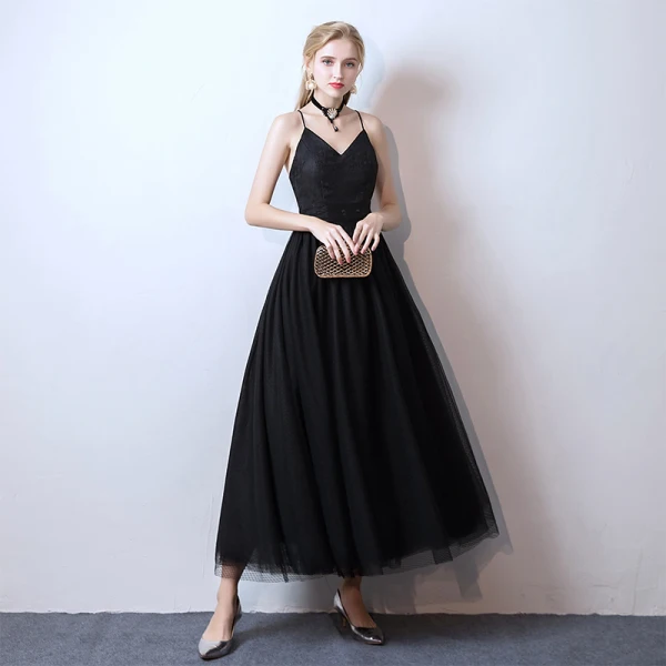 Affordable Black Prom Dresses 2019 A-Line / Princess Spaghetti Straps  Sleeveless Ankle Length Ruffle Backless Formal