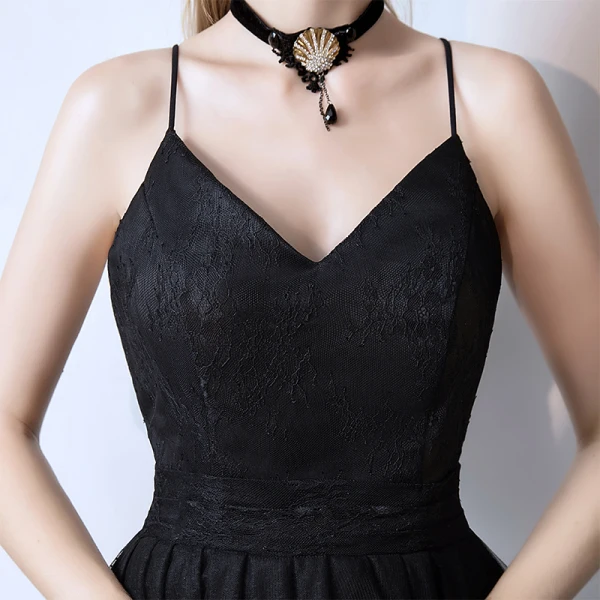 Affordable Black Prom Dresses 2019 A-Line / Princess Spaghetti Straps Sleeveless Ankle Length Ruffle Backless Formal Dresses