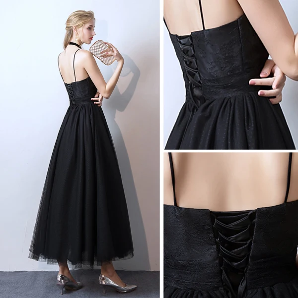 Affordable Black Prom Dresses 2019 A-Line / Princess Spaghetti Straps Sleeveless Ankle Length Ruffle Backless Formal Dresses