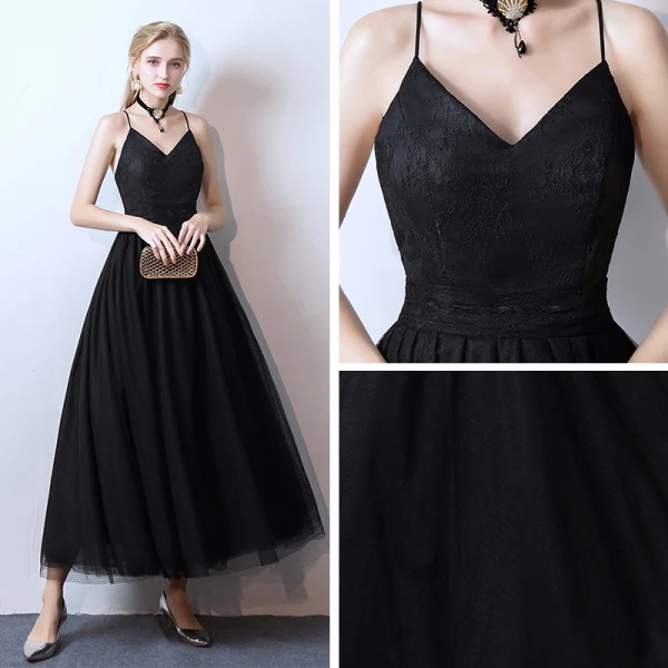 Affordable Black Prom Dresses 2019 A-Line / Princess Spaghetti Straps Sleeveless Ankle Length Ruffle Backless Formal Dresses