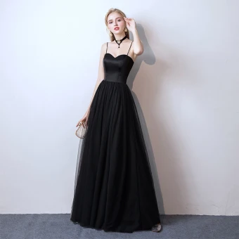 Abordable Noire Robe De Bal 2019 Princesse Bretelles Spaghetti Sans Manches Longue Volants Dos Nu Robe De Ceremonie