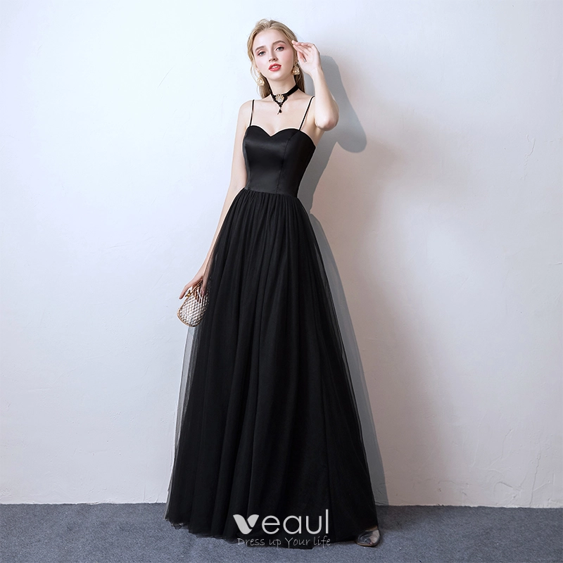 Affordable Black Prom Dresses 2019 A Line Princess Spaghetti Straps Sleeveless Floor Length Long Ruffle Backless Formal Dresses