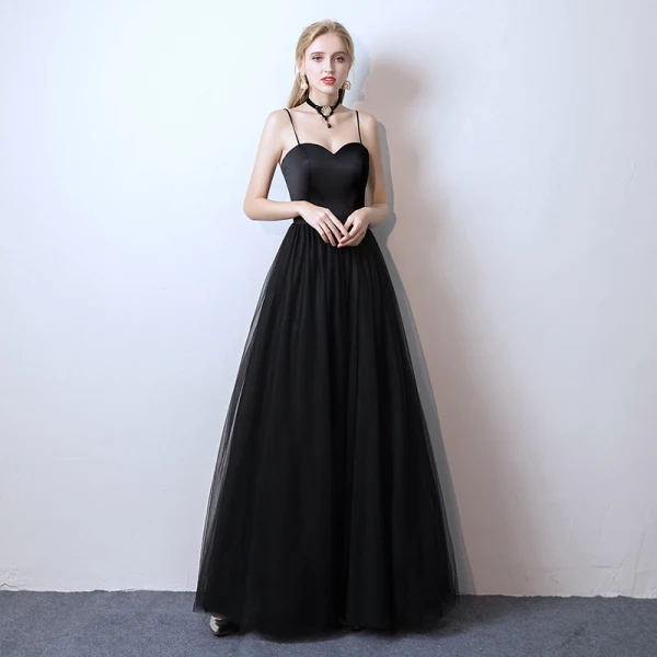 Affordable Black Prom Dresses 2019 A-Line / Princess Spaghetti Straps Sleeveless Floor-Length / Long Ruffle Backless Formal Dresses