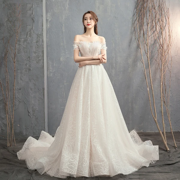 Chic / Beautiful Champagne Wedding Dresses 2019 A-Line / Princess Off-The-Shoulder Short Sleeve Backless Appliques Lace Pearl Beading Court Train Ruffle