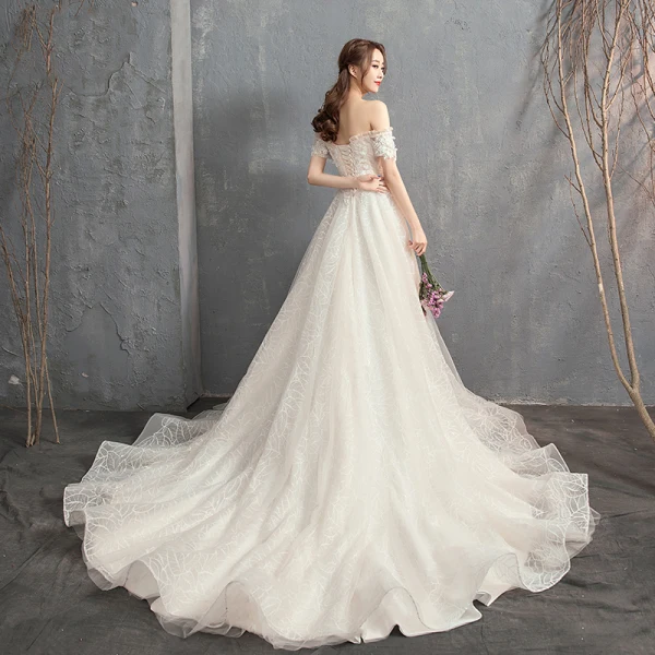 Chic / Beautiful Champagne Wedding Dresses 2019 A-Line / Princess Off-The-Shoulder Short Sleeve Backless Appliques Lace Pearl Beading Court Train Ruffle