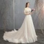 Chic / Beautiful Champagne Wedding Dresses 2019 A-Line / Princess Off-The-Shoulder Short Sleeve Backless Appliques Lace Pearl Beading Court Train Ruffle