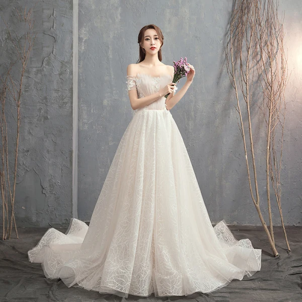 Chic / Beautiful Champagne Wedding Dresses 2019 A-Line / Princess Off-The-Shoulder Short Sleeve Backless Appliques Lace Pearl Beading Court Train Ruffle