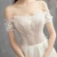 Chic / Beautiful Champagne Wedding Dresses 2019 A-Line / Princess Off-The-Shoulder Short Sleeve Backless Appliques Lace Pearl Beading Court Train Ruffle