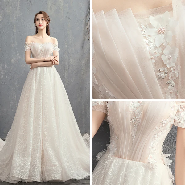 Chic / Beautiful Champagne Wedding Dresses 2019 A-Line / Princess Off-The-Shoulder Short Sleeve Backless Appliques Lace Pearl Beading Court Train Ruffle