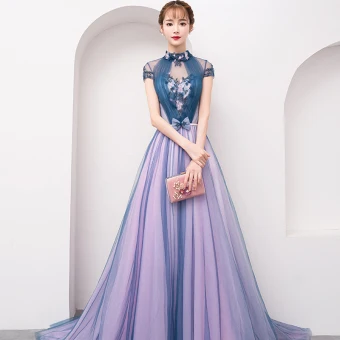 Chinese Style Navy Blue See Through Evening Dresses 2019 A Line Princess High Neck Cap Sleeves Appliques Lace Sweep Train Ruffle Backless Formal Dresses